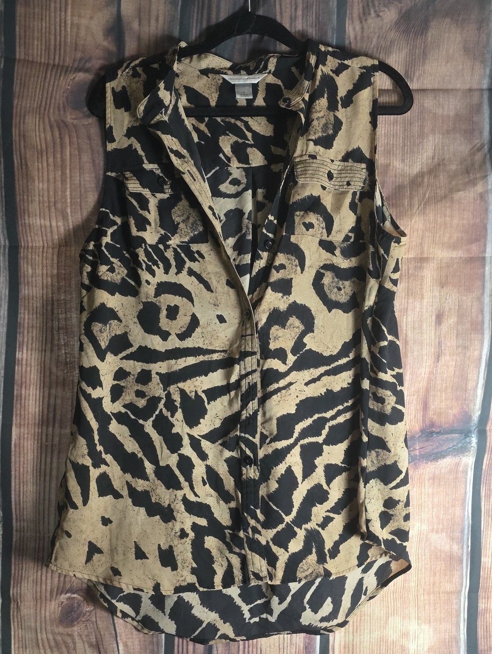 Christopher & Banks Black & MediumTan Sleeveless Button-Front Print Top